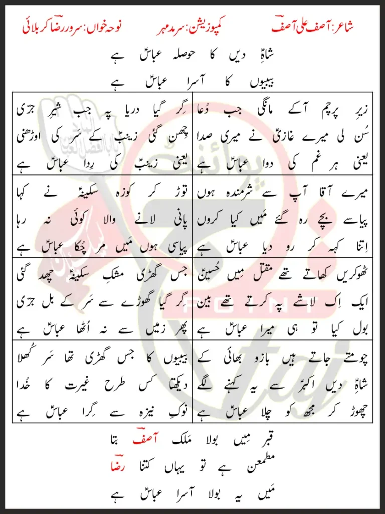 Shah-e-Deen Ka Hosla Abbas Hai Sarwar Raza Karbalai Lyrics In Urdu 2022
