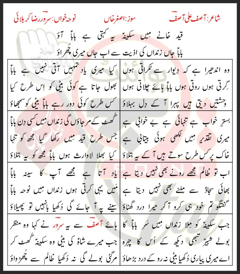 Qaid Khane Mein Sakina Sarwar Raza Karbalai Lyrics In Urdu 2022