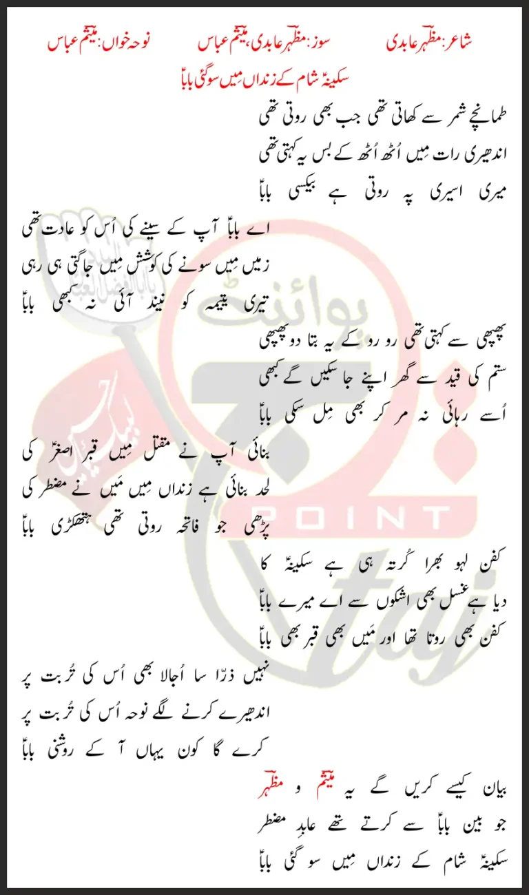 Sakina Shaam Ke Zindaan Me So Gayi Baba Mesum Abbas Lyrics In Urdu 2022