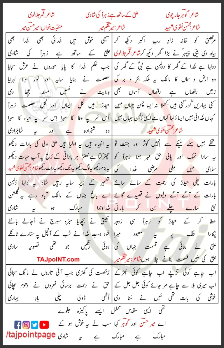 Ali Kay Sath Hai Zehra Ki Shadi Mir Hasan Mir Lyrics In Urdu 2023