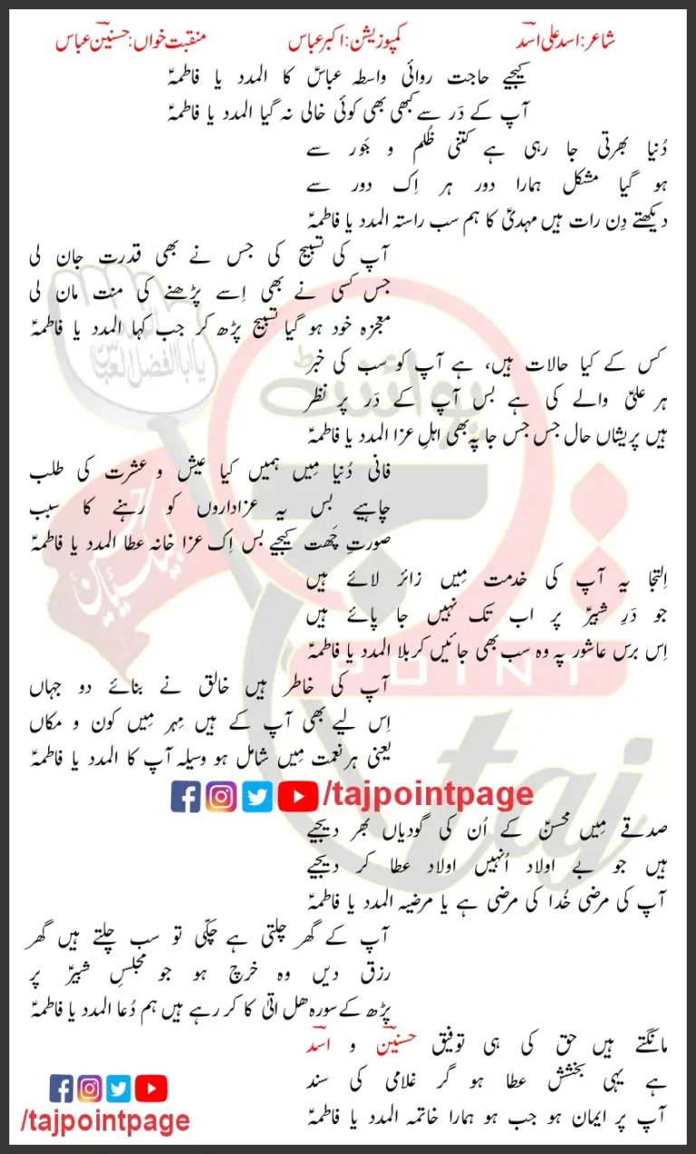 Almadad Ya Fatima Zahra Hasnain Abbas Lyrics In Urdu 2023