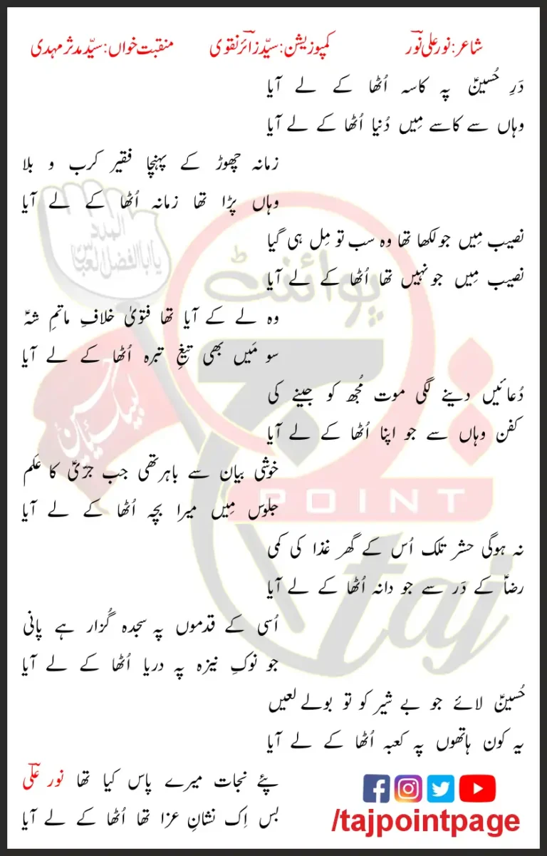 Dar E Hussain Pe Kasa Utha Ke Le Aaya Syed Mudassir Mehdi Lyrics In Urdu 2022