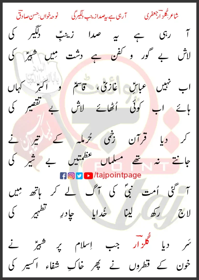Aa Rahi Hai Ye Sada Zainab e Dilgeer Ki Hasan Sadiq Lyrics Urdu 1998