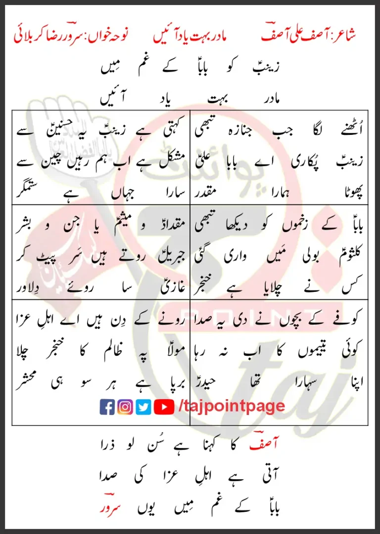 Zainab Ko Baba Ke Ghum Me Sarwar Raza Karbalai Lyrics In Urdu 2023