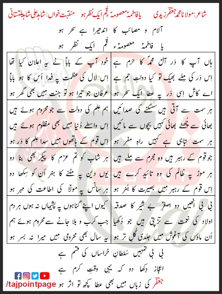 Ya Masooma e Qom Ek Nazar Ho Shahid Ali Shahid Baltistani Lyrics In Urdu 2022