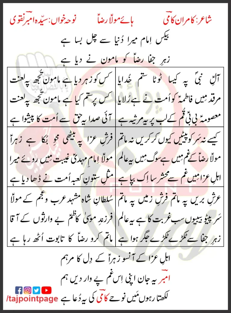 Haye Mola Raza Syeda Amber Naqvi Lyrics Urdu 2019