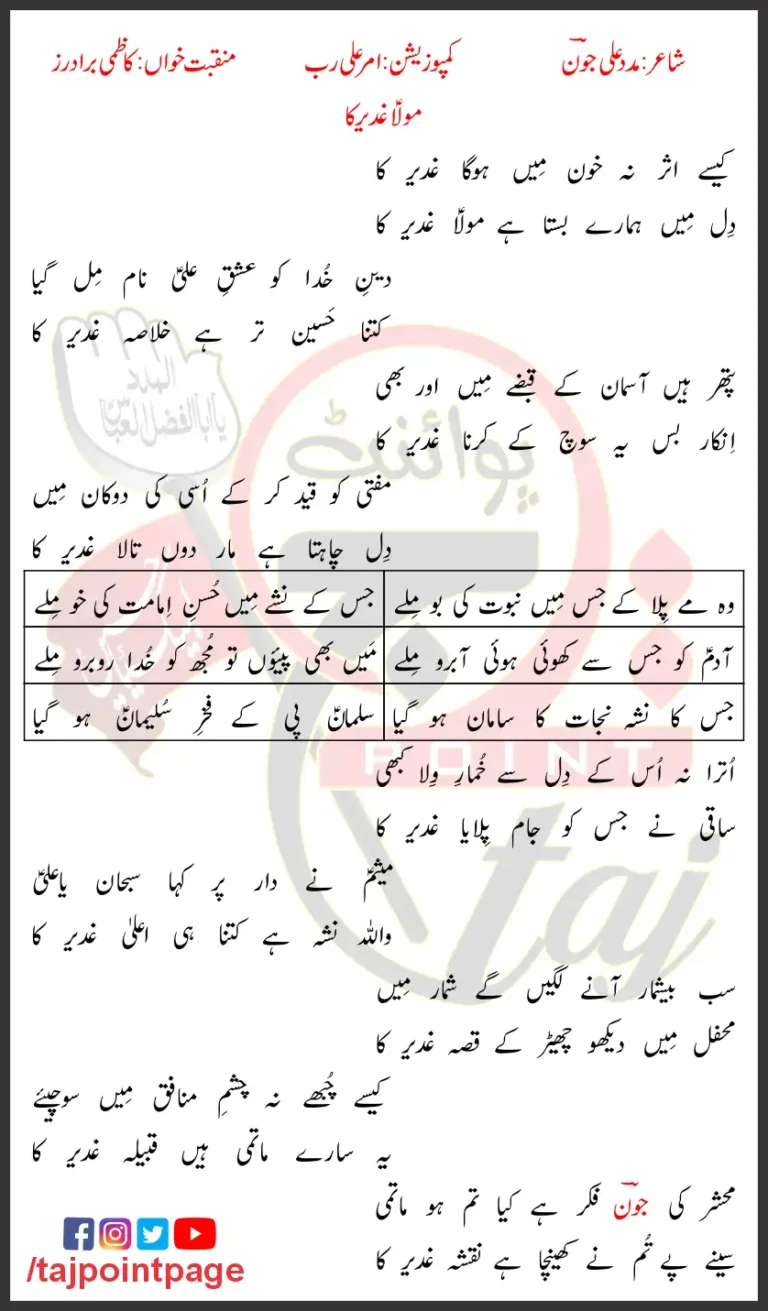 Mola Ghadeer Ka Kazmi Brothers Lyrics Urdu 2023