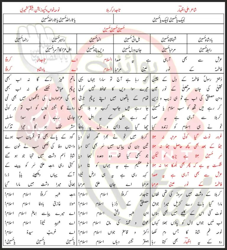 Tajdar e Karbala Meesum Kashmiri Lyrics In Urdu 2023