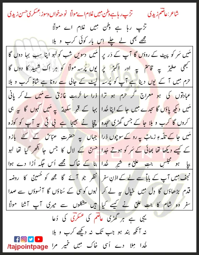 Tarap Raha Hai Watan Mein Ghulam Ay Mola Askari Hassan Zaidi Lyrics In Urdu 2023
