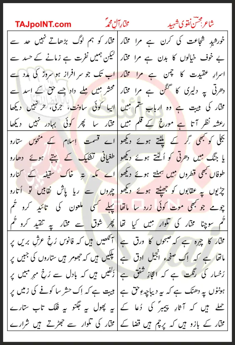 Mukhtar e Aal e Muhammad Mohsin Naqvi Lyrics In Urdu 2023