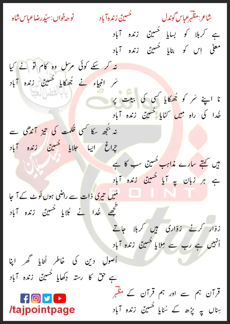 Hussain Zindabad Syed Raza Abbas Shah Lyrics In Urdu 2021