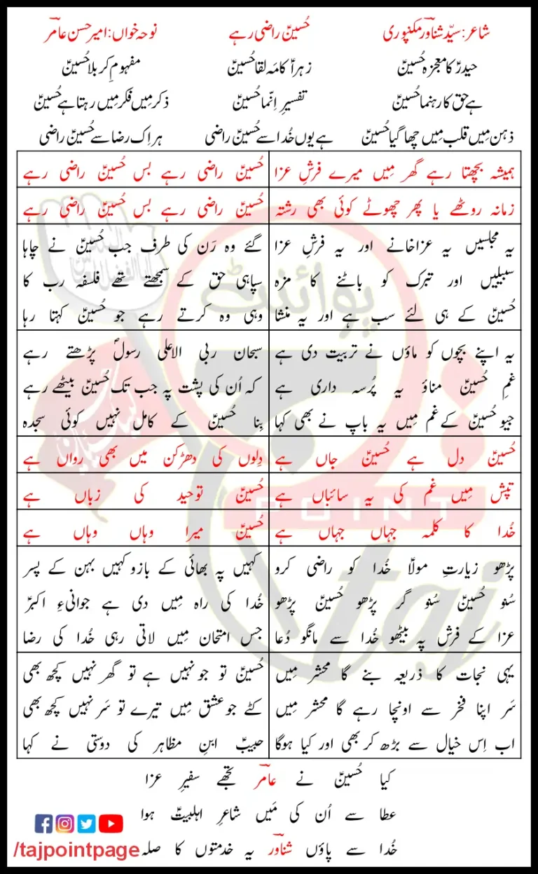 Hussain Razi Rahe Ameer Hasan Aamir Lyrics In Urdu 2023