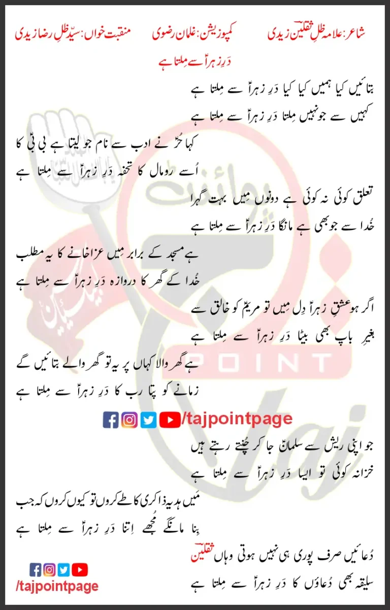 Dar e Zehra Say Milta Hai Zill e Raza Zaidi Lyrics Urdu 2024