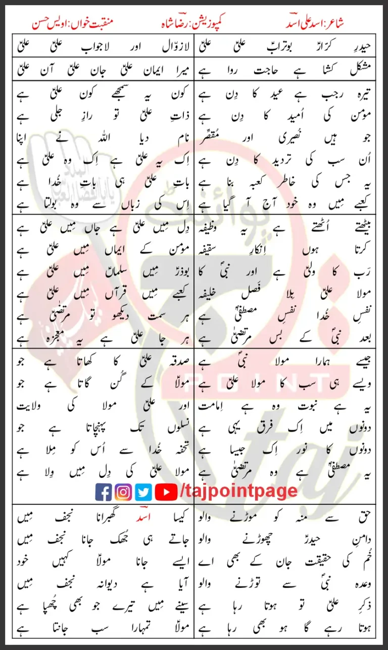 Haider e Karrar Owais Hasan Lyrics In Urdu 2024