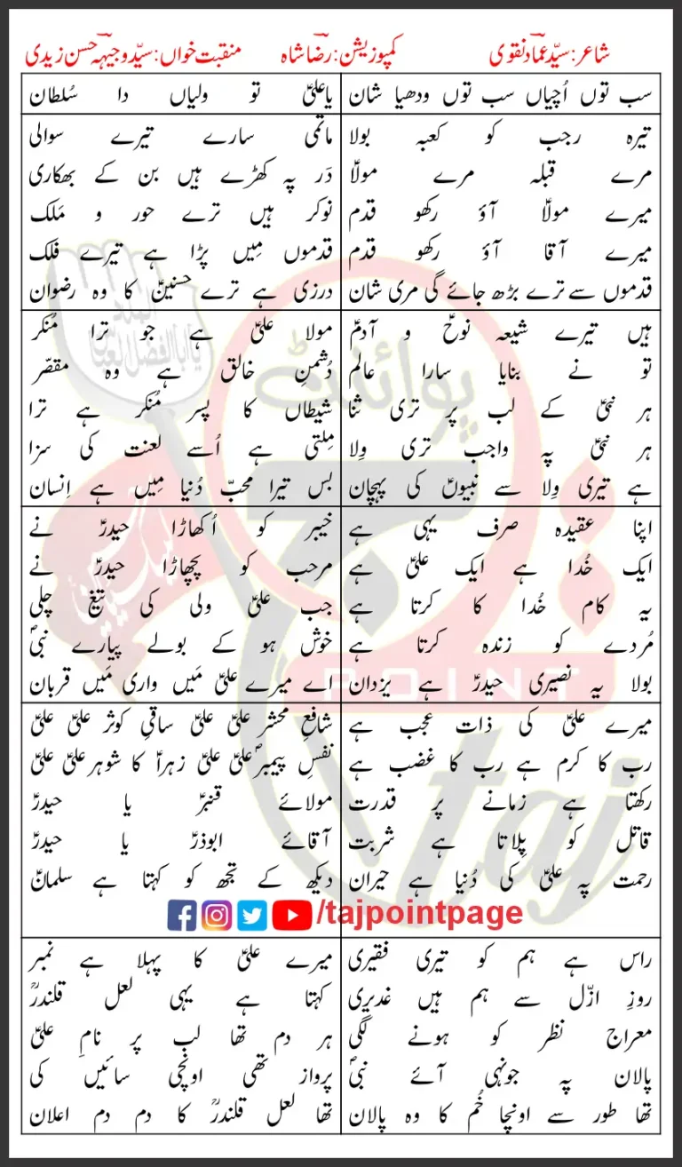 Ya Ali Tu Waliyan Da Sultan Wajhi Hasan Zaidi & Son Lyrics In Urdu 2024