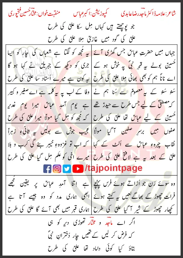 Ali Ki Tarhan Mukhtar Hussain Fatehpuri Lyrics Urdu 2024