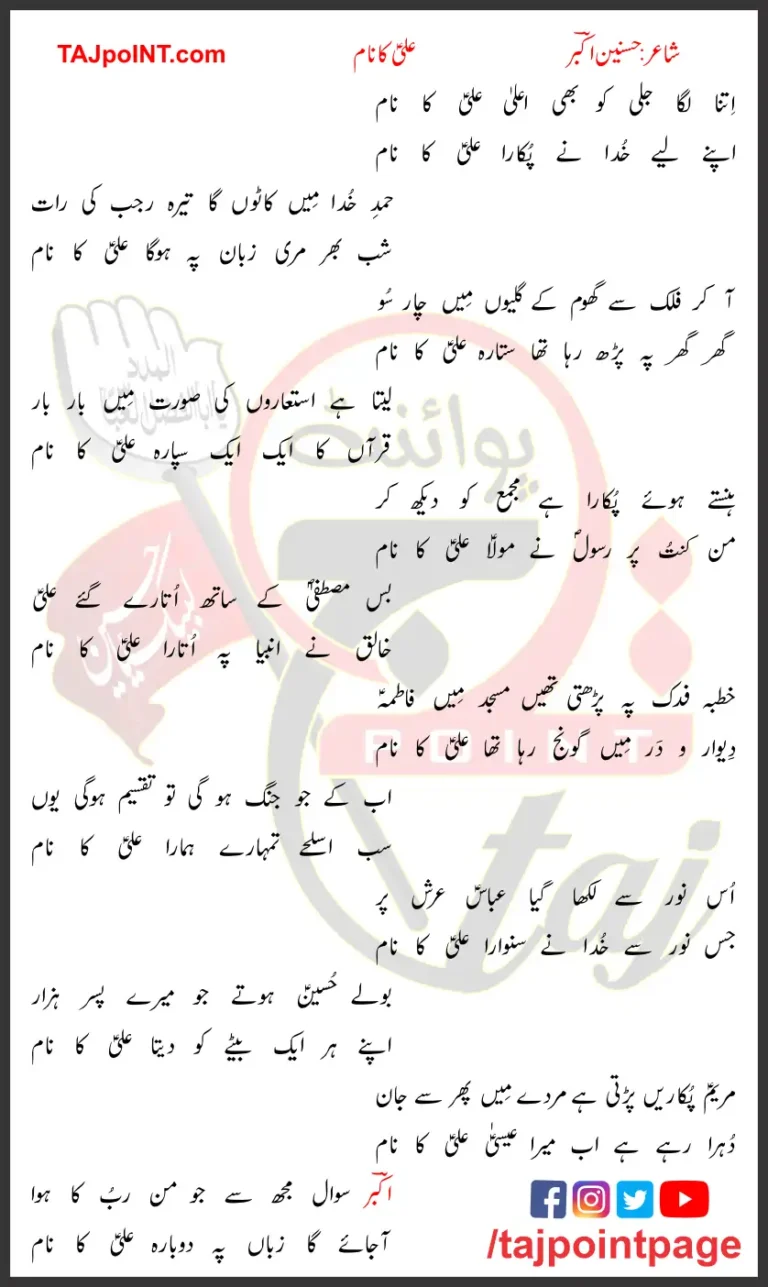 Ali Ka Naam Hasnain Akbar Lyrics In Urdu 2023
