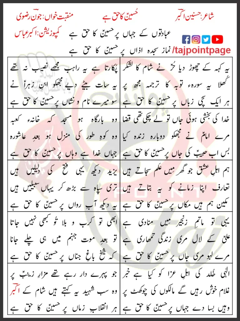 Hussain Ka Haq Hai Lyrics In Urdu 2020