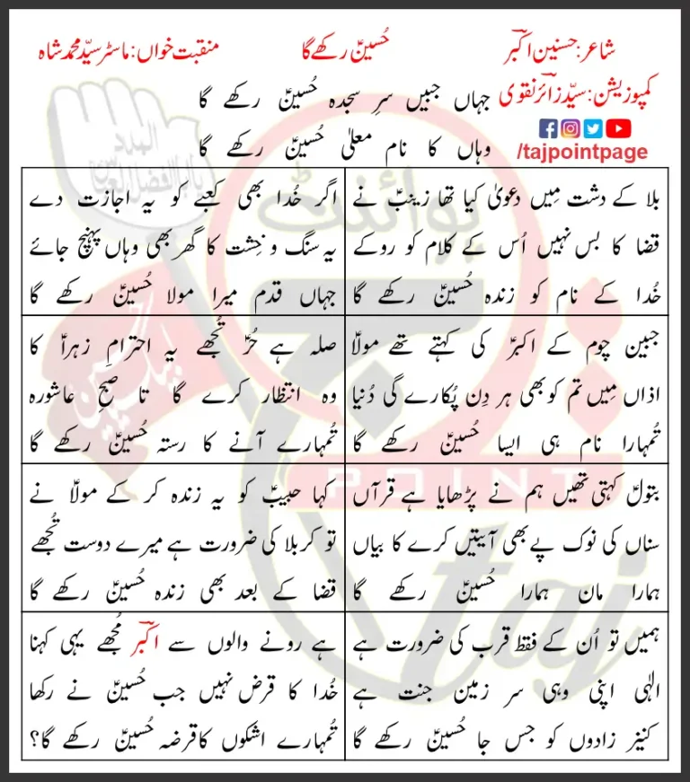 Hussain Rakhay Ga Lyrics In Urdu 2020