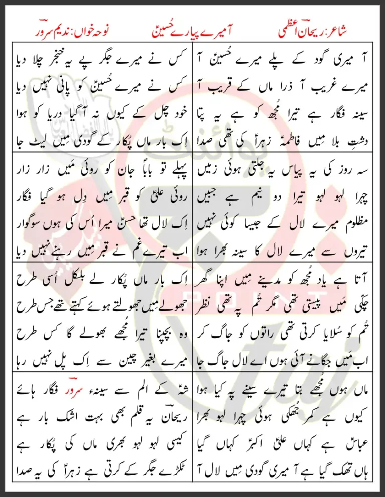 Aa Merey Pyare Hussain Nadeem Sarwar Lyrics In Urdu 2001