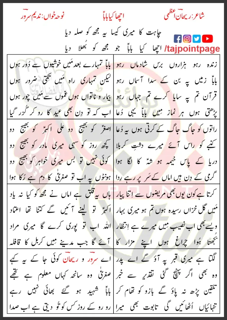 Acha Kiya Baba Nadeem Sarwar Lyrics In Urdu 2001