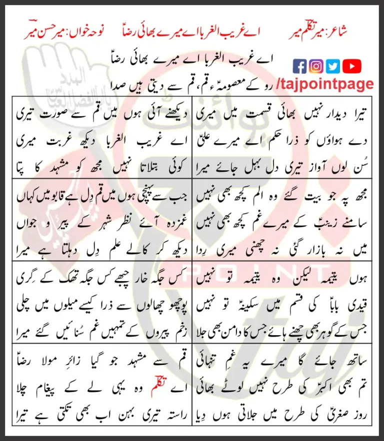 Aye Ghareeb ul Ghuraba Aye Mere Bahi Raza Lyrics Urdu 2016