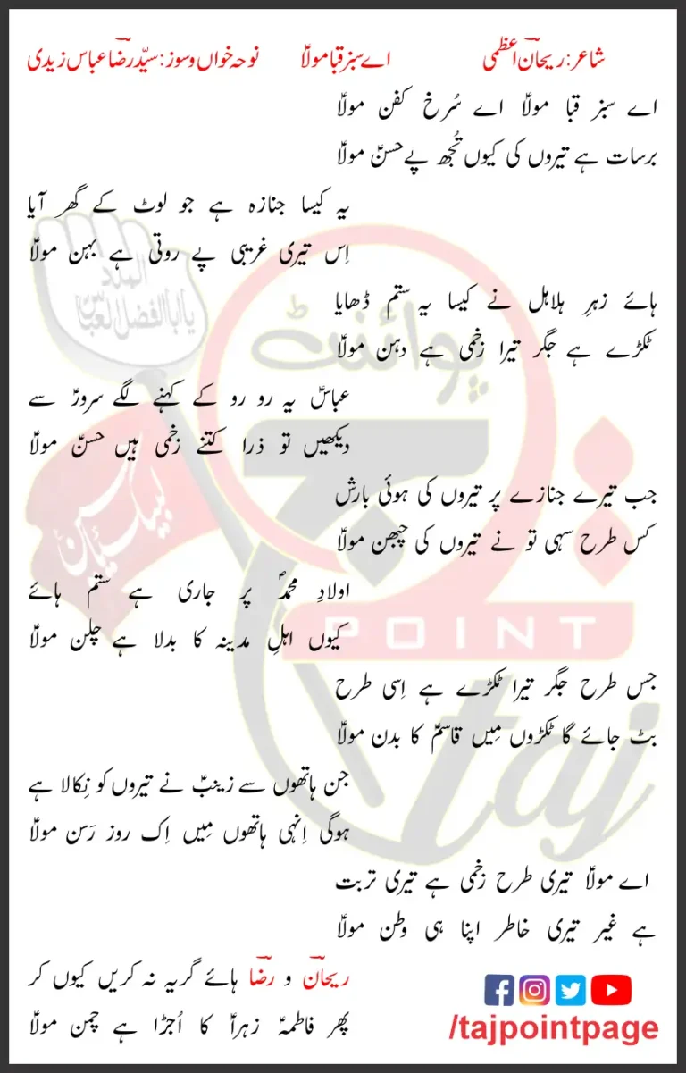 Aye Sabz Qaba Mola Syed Raza Abbas Zaidi Lyrics In Urdu 2021