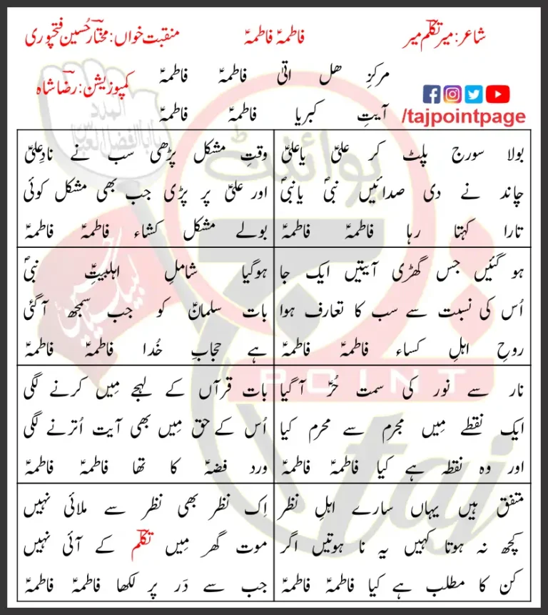 Fatima Fatima Mukhtar Hussain Fatehpuri Lyrics In Urdu 2018