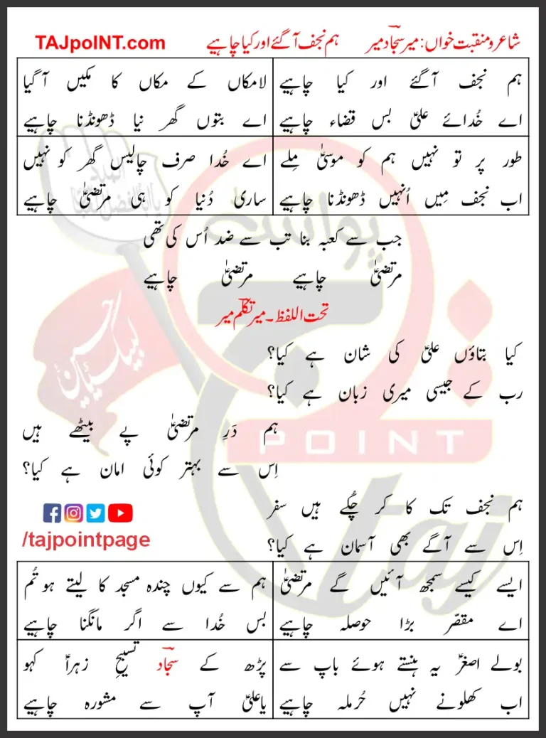 Hum Najaf Aa Gaye Our Kya Chahiye Lyrics In Urdu 2021