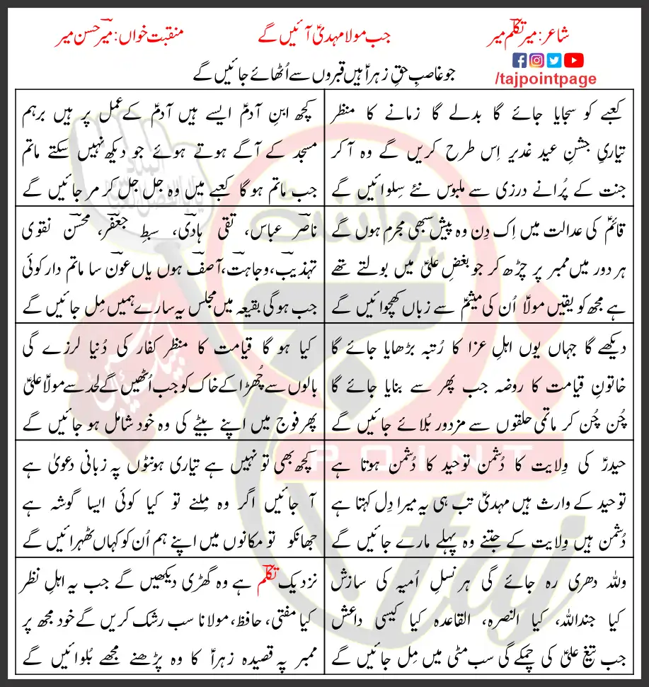 Jab Mola Mehdi Aaein Gaye Mir Hasan Lyrics Urdu 2015 1 Jab Mola Mehdi Aaein Gaye Mir Hasan Lyrics Urdu 2015