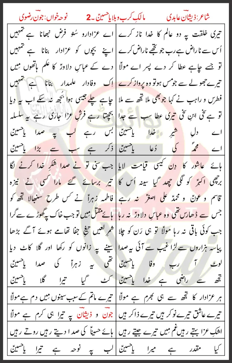 Maalik Ya Hussain Page 2 Lyrics In Urdu Joan Rizvi 2020 Write Up Poster Image