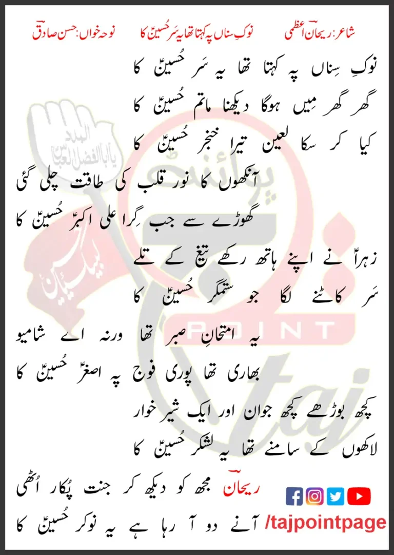 Nok e Sina Pe Kehta Tha Ye Sar Hussain Ka Hasan Sadiq Lyrics 1998