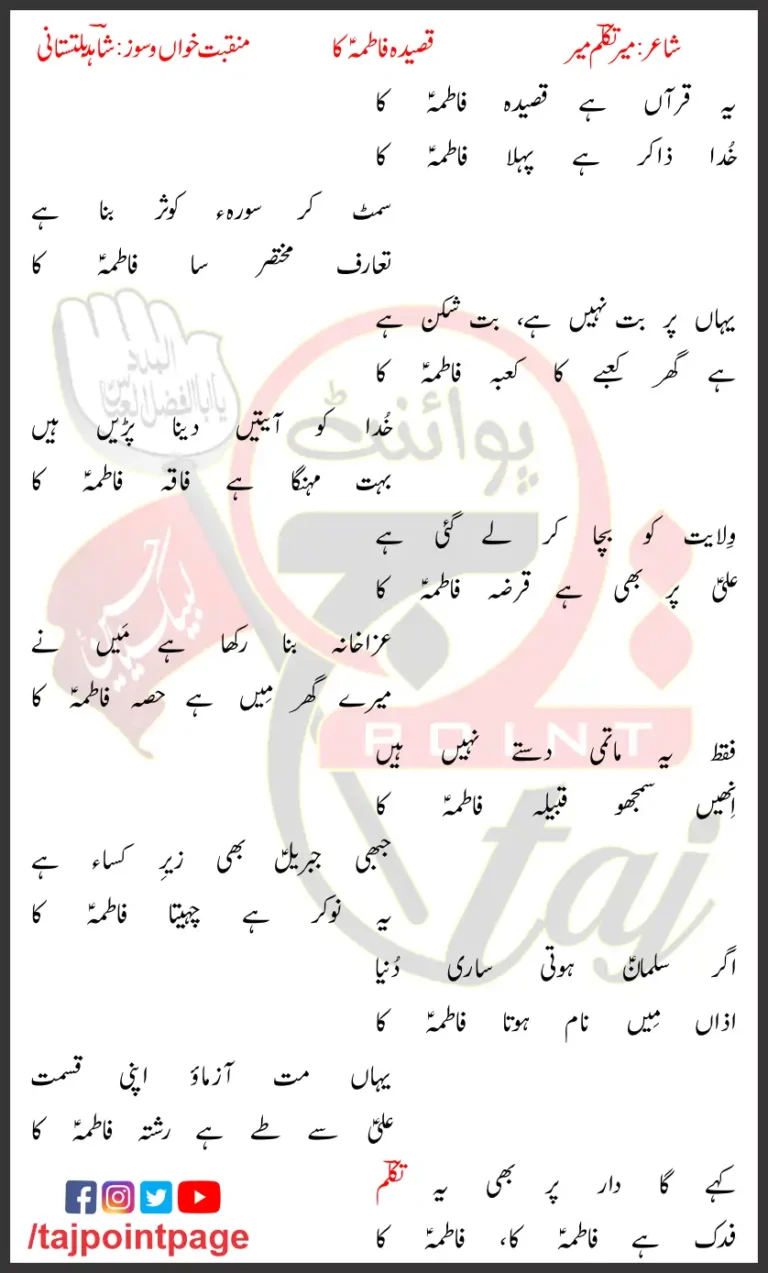 Qaseeda Fatima Ka Shahid Baltistani Lyrics In Urdu 2022