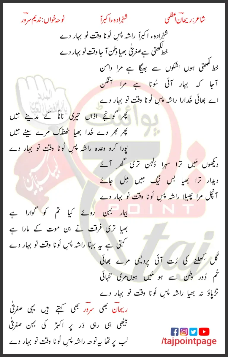 Shahzada Akbara Nadeem Sarwar Lyrics In Urdu Pashto 2002