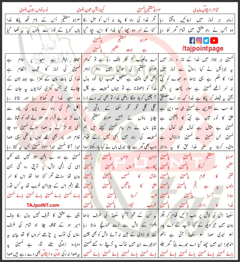 Sirat e Mustaqeem Ya Hussain Joan Rizvi Lyrics 2022