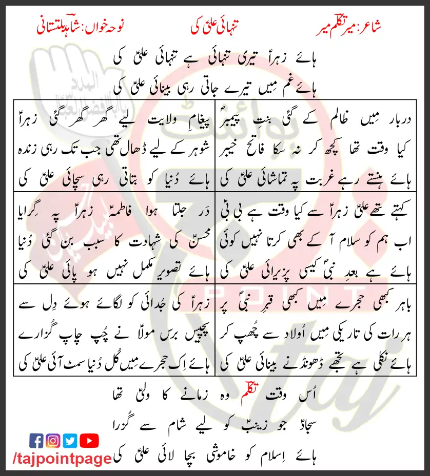 Tanhai Ali Ki Lyrics In Urdu Shahid Baltistani 2010 1 Tanhai Ali Ki Lyrics In Urdu Shahid Baltistani 2010