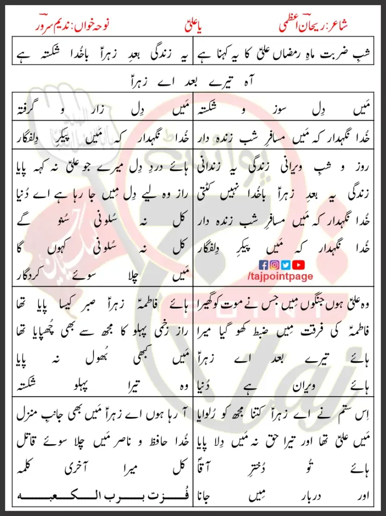 Ya Ali Nadeem Sarwar Lyrics In Urdu 2013