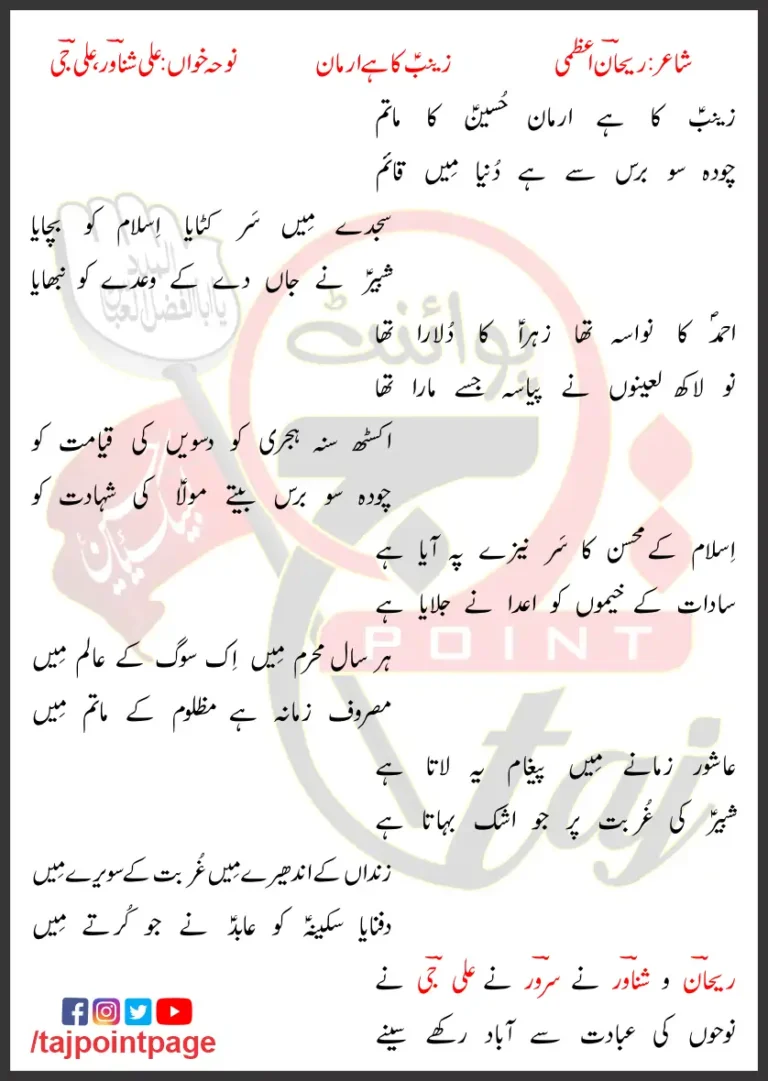 Zainab Ka Hai Armaan Ali Shanawar Ali Jee Lyrics Urdu 2012