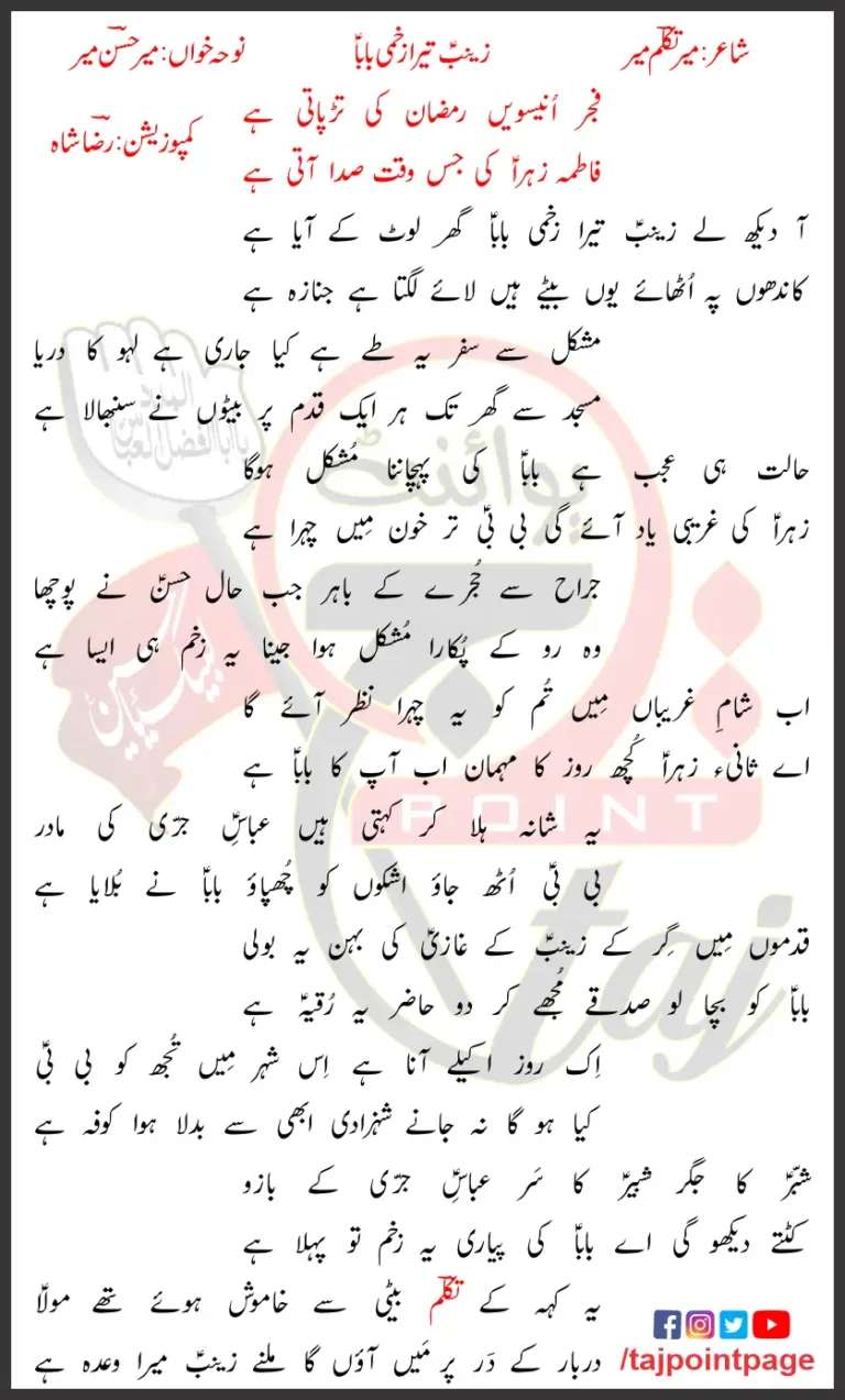 Zainab Tera Zakhmi Baba Mir Hasan Mir Lyrics Urdu 2021