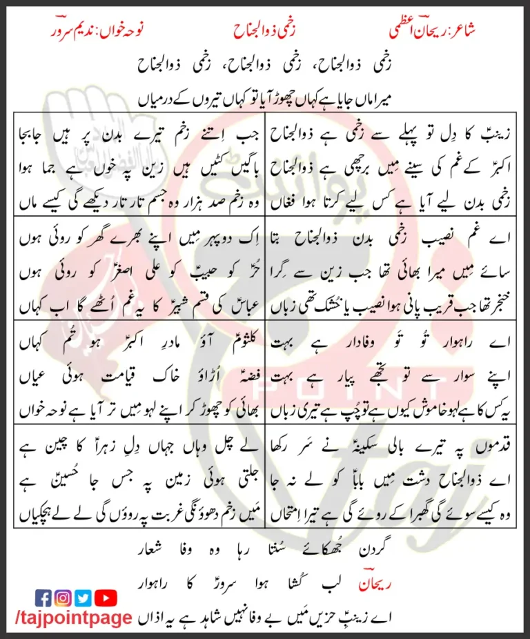 Zakhmi Zuljanah Nadeem Sarwar Lyrics In Urdu 2004