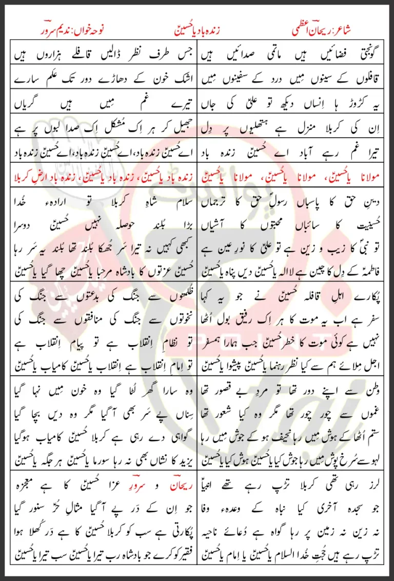 Zindabad Ya Hussain Nadeem Sarwar Lyrics In Urdu 2014