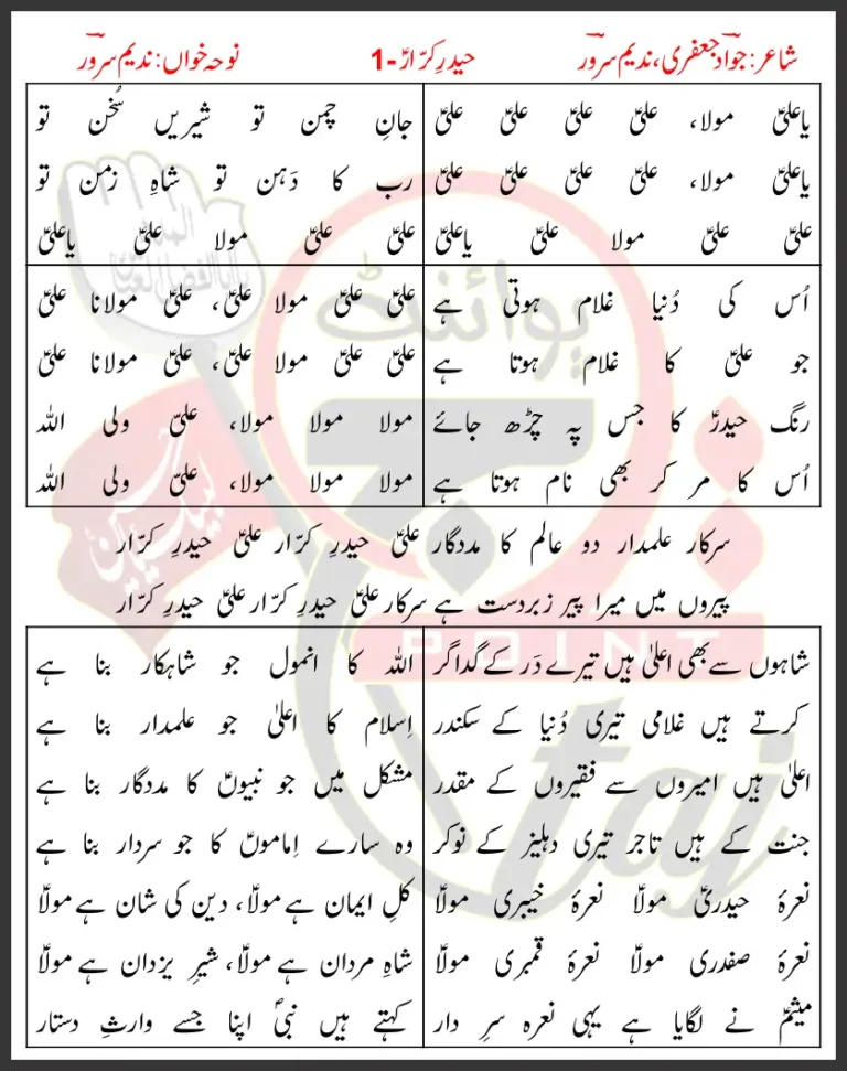 Haider-E-Karrar-1 Lyrics In Urudu Nadeem Sarwar 2018