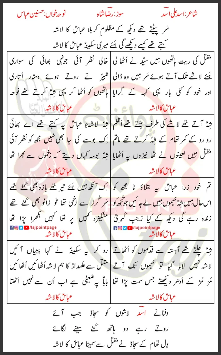 Abbas Ka Lasha Hasnain Abbas Lyrics Urdu 2024