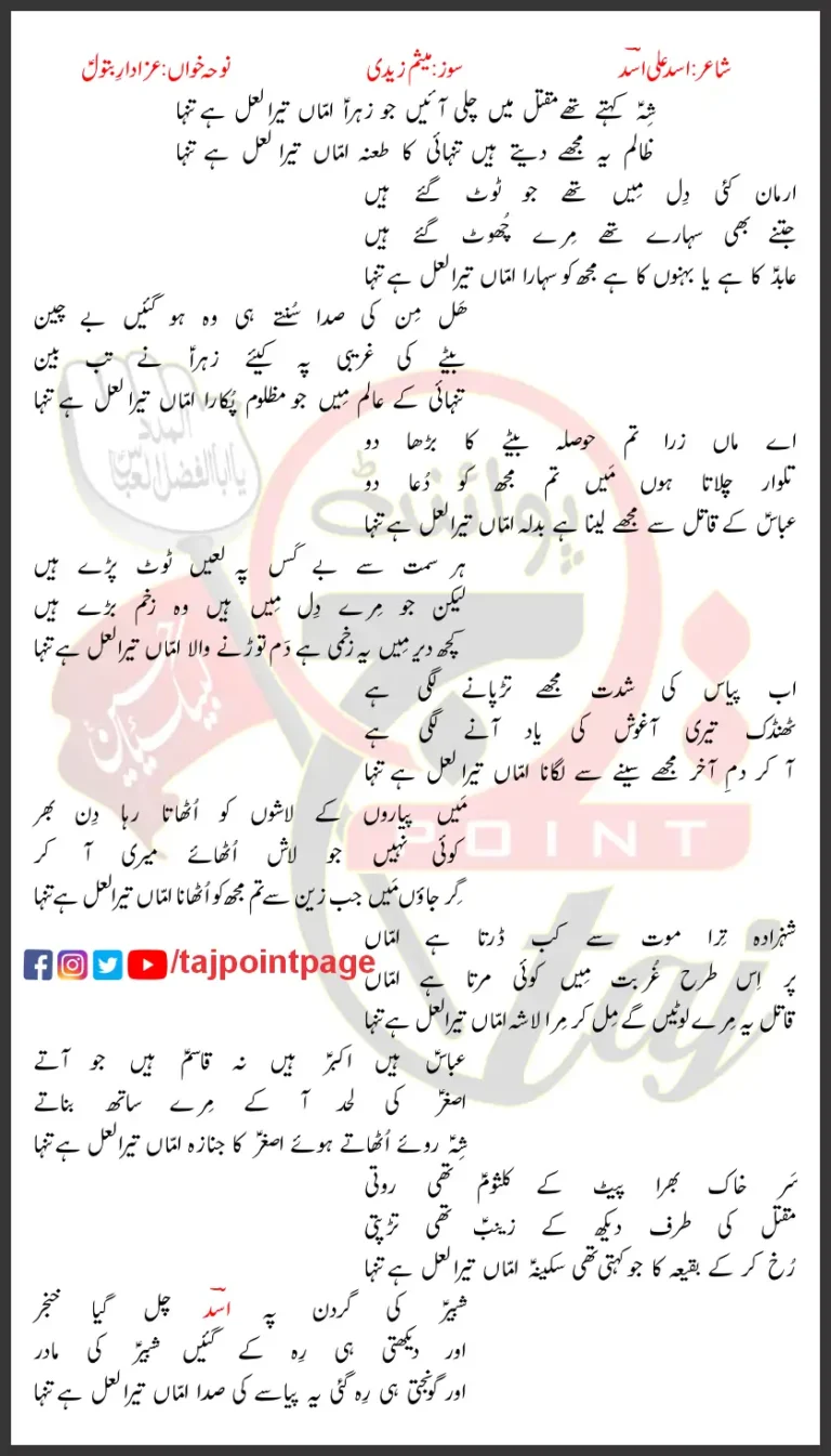 Amma Tera Laal Hai Tanha Azadar e Batool Lyrics Urdu 2024