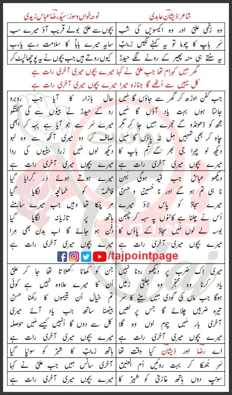 Mery Bachon Meri Aakhri Raat Hai Syed Raza Abbas Zaidi Lyrics Urdu 2025