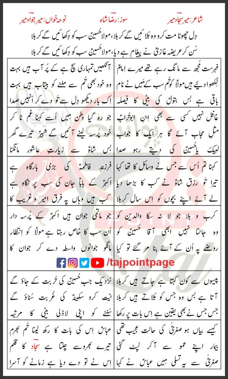 Dil Chota Mat Karo Wo Bulain Ge Karbala Mir Jawad Mir Lyrics Urdu 2025