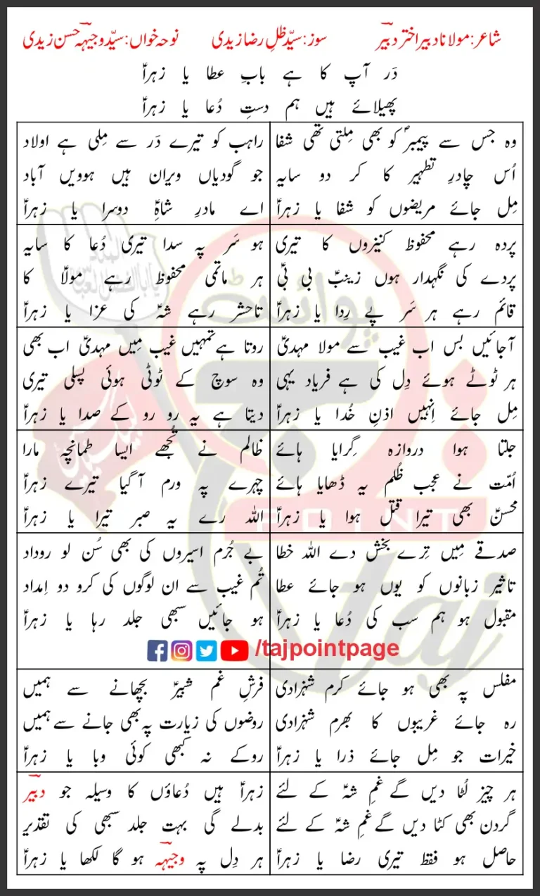 Ya Zahra Isteghasa Bibi Fatima Wajhi Hasan Lyrics Urdu 2025