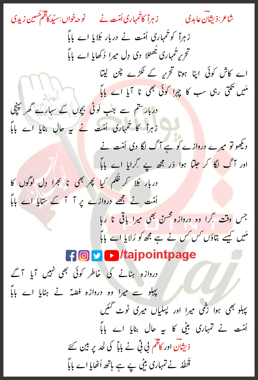 Zahra Ko Tumhari Ummat Nay Syed Kazim Hussain Zaidi Lyrics Urdu 2021 1 Zahra Ko Tumhari Ummat Nay Syed Kazim Hussain Zaidi Lyrics Urdu 2021