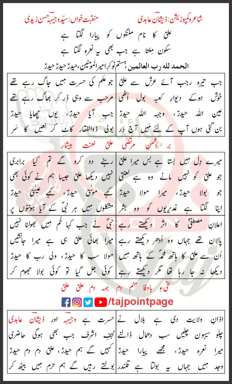 Hastam Nokr e Ameer ul Momeneen Wajhi Hasan Zaidi Lyrics Urdu 2026