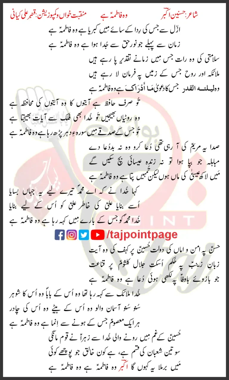 Wo Fatima Hey Qambar Ali Kiyani Lyrics Urdu 2025